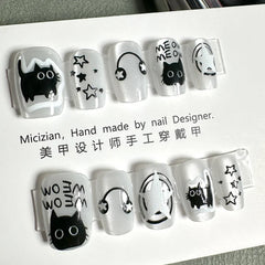 10Pcs Wearable Cat Eyes Series Short Square Press On Nails Kawaii Cartoon Cat Rabbit Rhinestone Gradients Full Cover False Nails