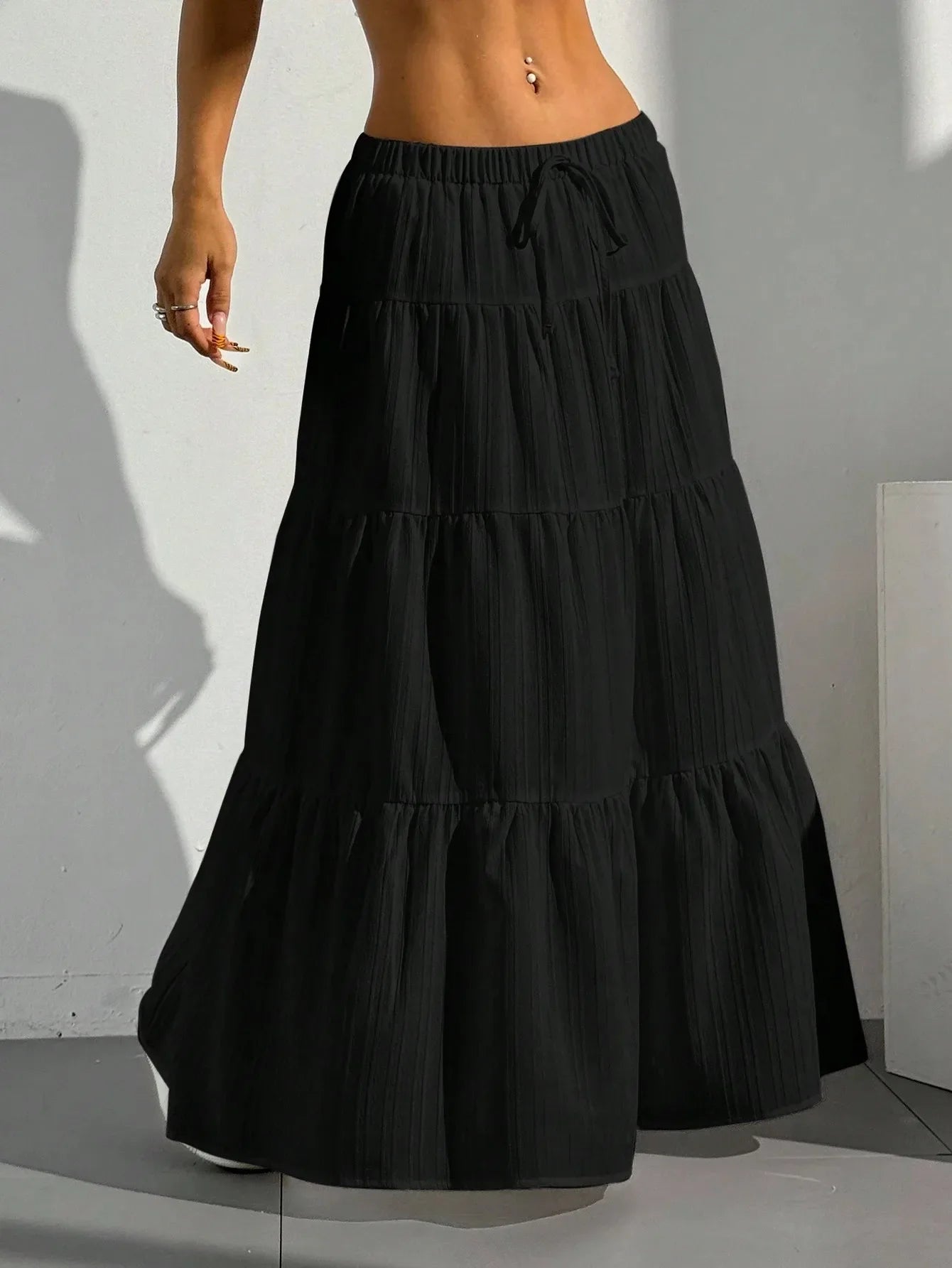 Loose Long Skirts White Solid Basic Lace Up Bow Cake Dress Casual Sweet Office Lady Clothes