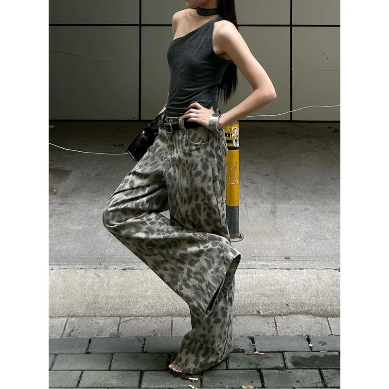 Y2k Washed Leopard Jeans Animal Print American Vintage Wide Leg Denim Pants Baggy Streetwear Gyaru Trousers