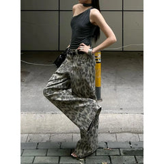 Y2k Washed Leopard Jeans Animal Print American Vintage Wide Leg Denim Pants Baggy Streetwear Gyaru Trousers