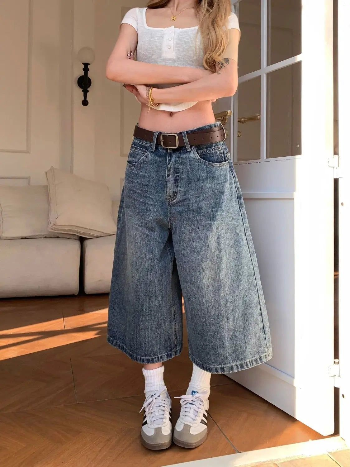 American retro plaid pocket wide-leg short jeans