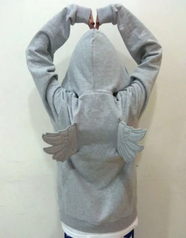 Grey Angel Wing Embroidered Hoodie Cute Kawaii Pullover Sweatshirt Wing Decoration Back Y2K Street Harajuku Loose Pullover