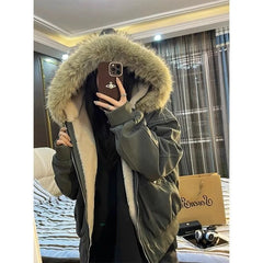 American Street Fur Collar Zipper Hooded Jacket Retro Velvet Thickened Warm Loose