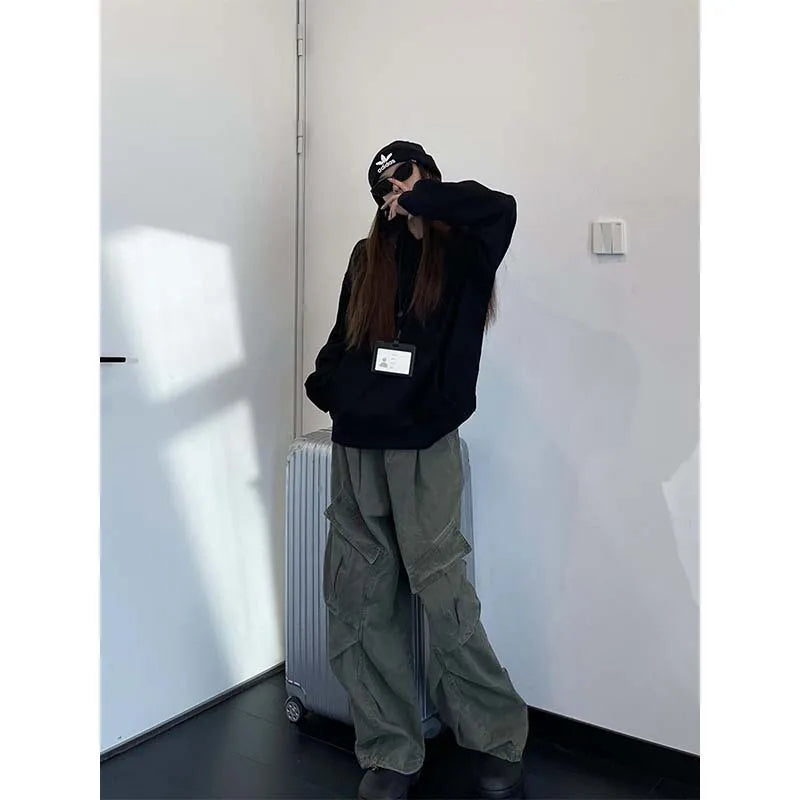 Retro American Denim Work Pants Loose Wide Leg Slimming Pleated Straight Long Pants Large Pocket