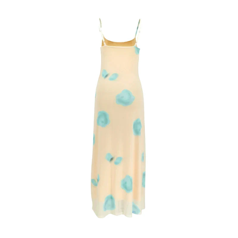 Dress Streetwear Strap Sleeveless Blue Print Dresses Casual Slim Club Party Elegant Dresses Female