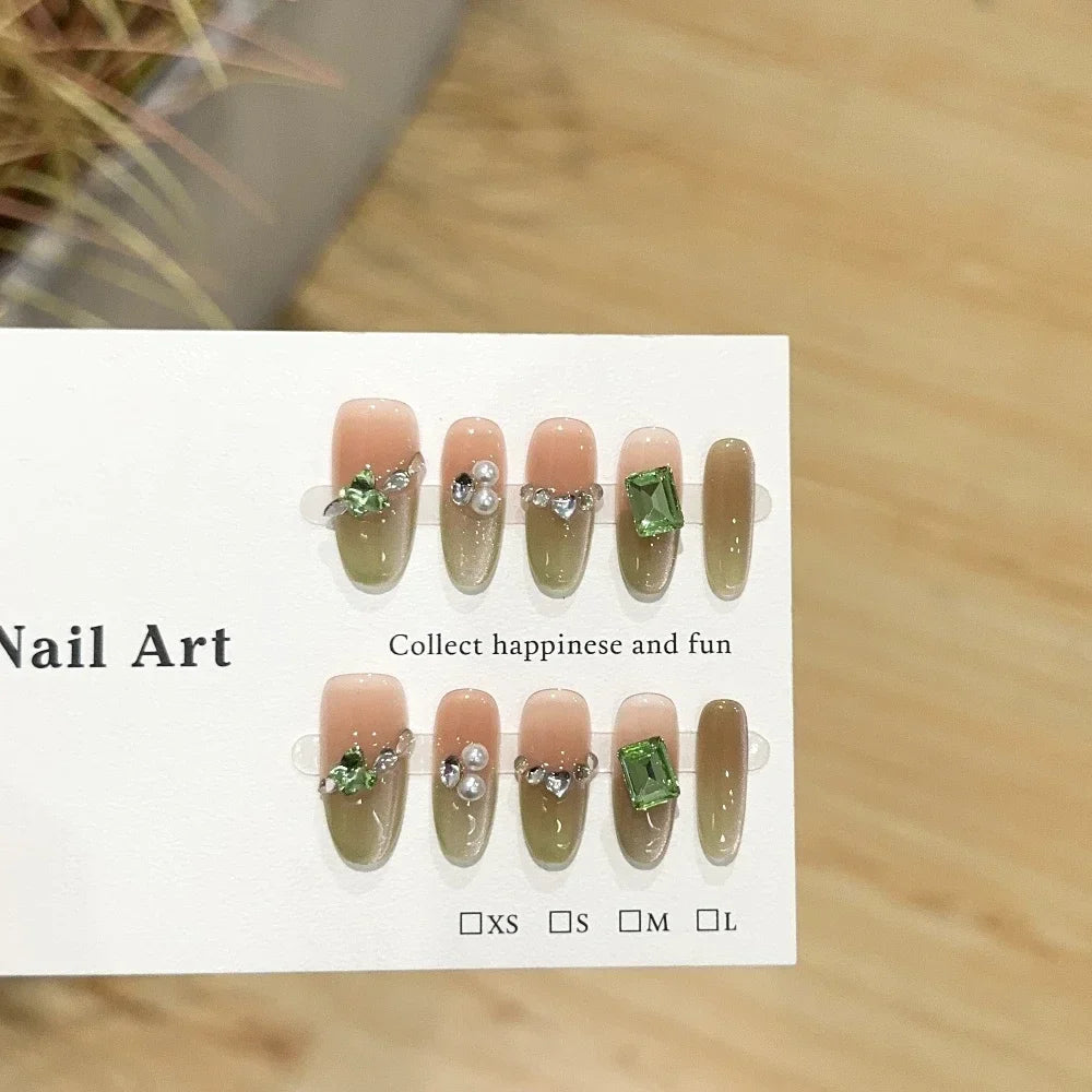 Sweet Lovely Cartoon Bear Long Coffin Stiletto Fake Nails Bowknot Pearl Diamond Flowers Cat Eyes Wearable Fake Nails
