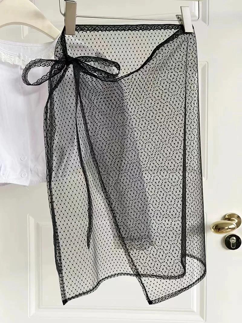 Korean Lace Irregular Skirt Curtain White Flowers Lace Mesh Halfbody Skirt Bottoms Jeans Decorative Hemline