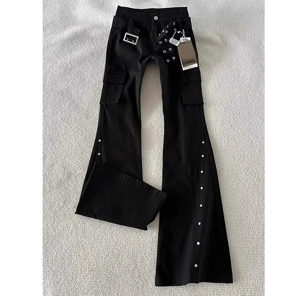 American Retro Dark Gothic Jeans High-street Mid-rise Rivet-decorated Flared Pants Y2K 2000s Cargo Pants