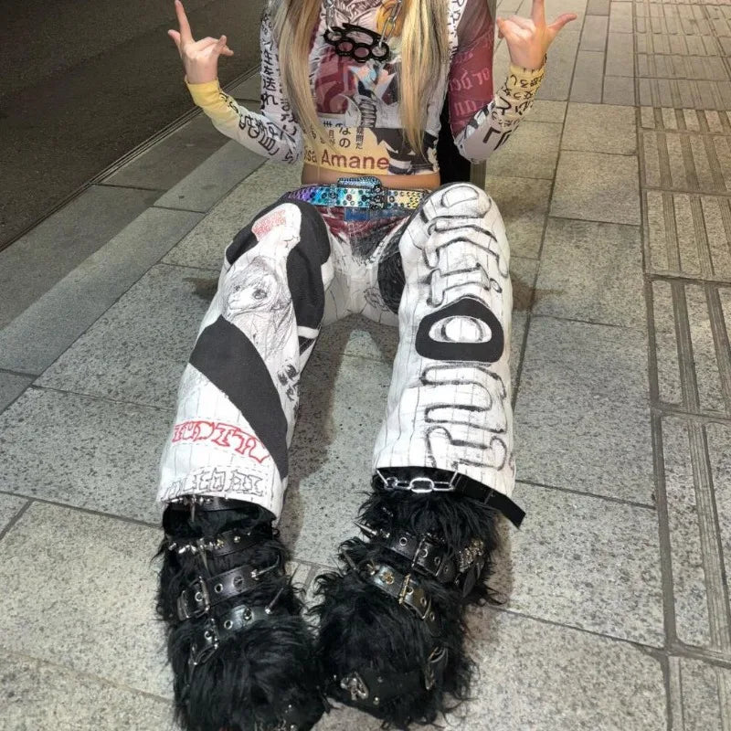 Y2K High Street Retro Graffiti Printed Baggy Jeans Streetwear Hip Hop Loose Japanese Millennium Casual Straight Jeans