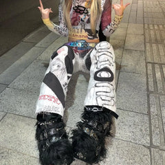 Y2K High Street Retro Graffiti Printed Baggy Jeans Streetwear Hip Hop Loose Japanese Millennium Casual Straight Jeans