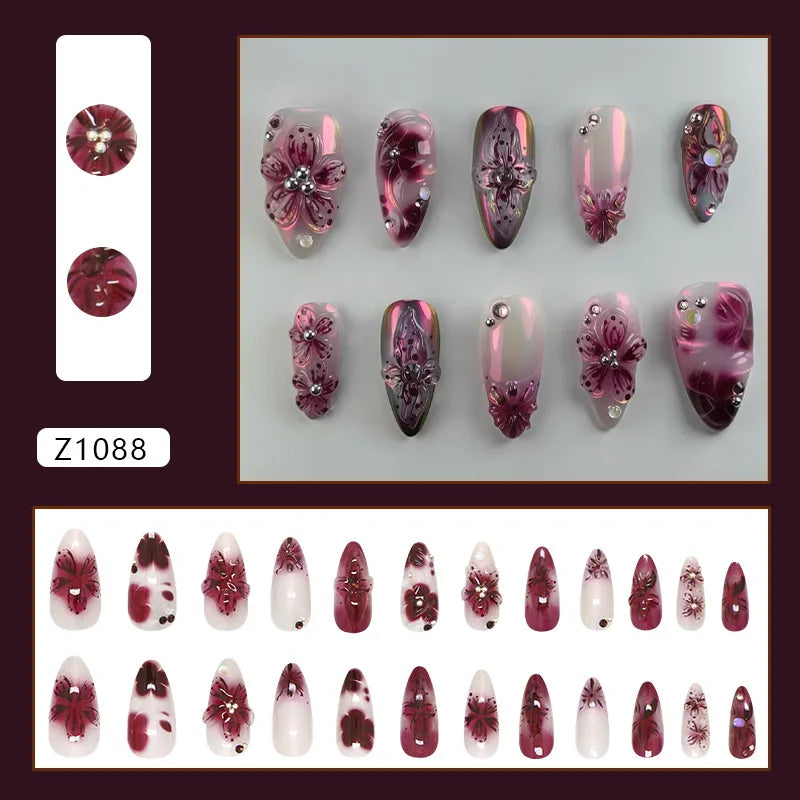 24pcs Flower Print Press on Nails Wine Red Blush Almond False Nail Tips Wearable Reusable Spicy Girl Fake Nails