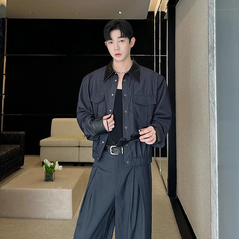 Casual Two Piece Set Short Lapel cargo Jacket Large Pockets Snap Buttons Loose Straight Leg Pleated Waist Pants