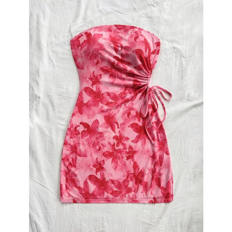 Floral Print Tube Mini Dress Strapless Backless Party Club Short Ruched Drawstring Bodycon Party Dresses Streetwear
