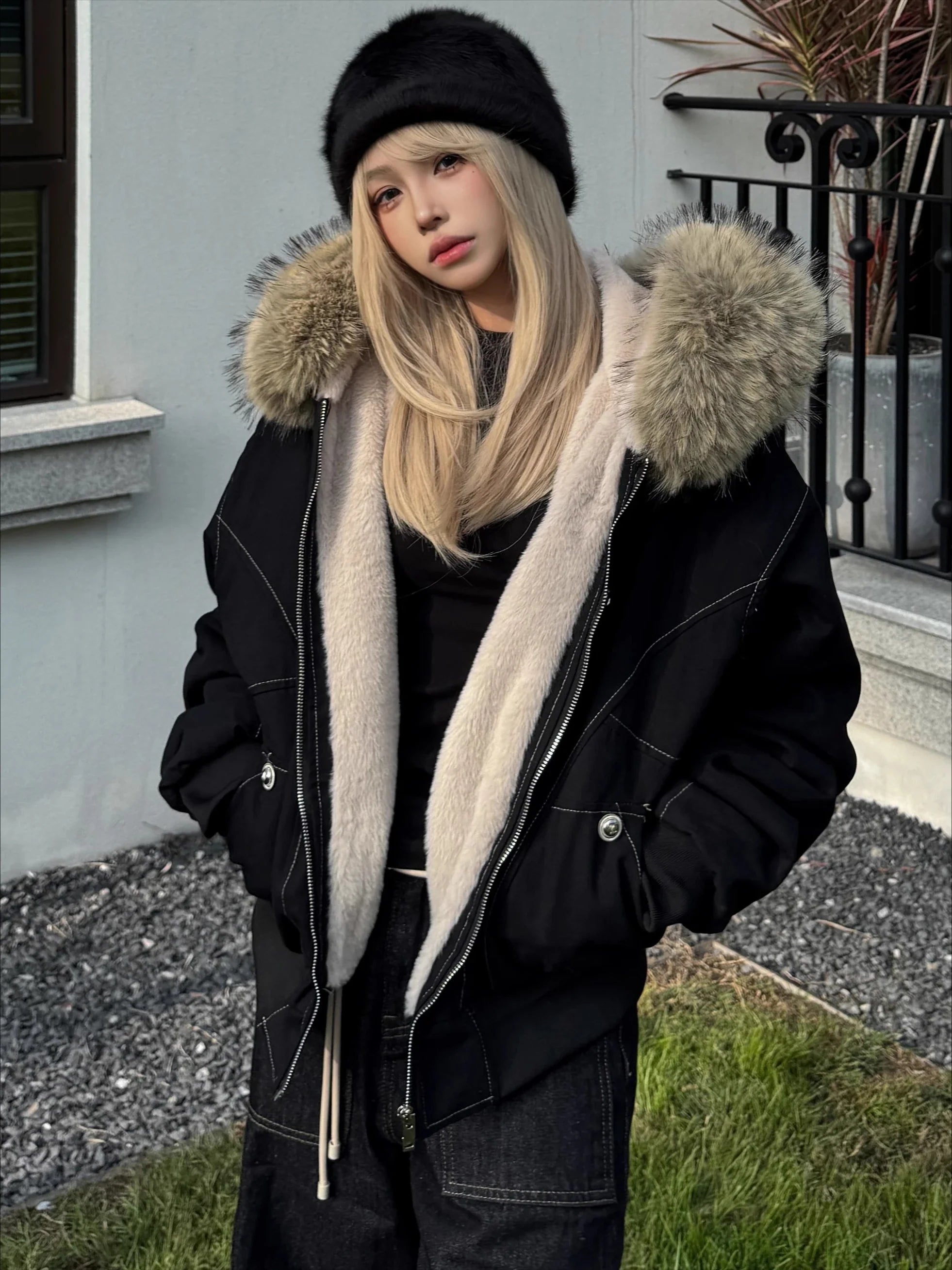 2000s Black Elegant Jacket Y2k Zip Up Hooded Design Harajuku Coat Loose Casual Punk Outfits