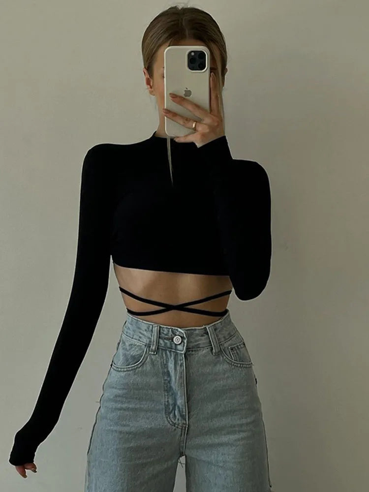 Backless Lace ups Pullover Tees Black O-neck Slim Longsleeve Short T-Shirt