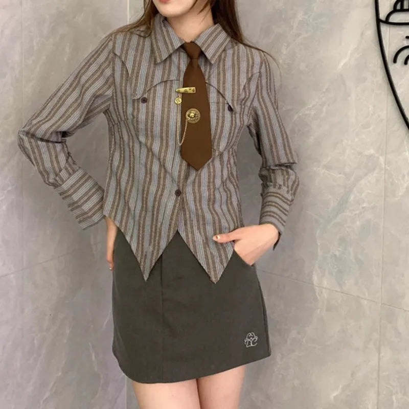 2PCS American Retro Pants Sets Striped Long Sleeve Casual Blouses Patchwork Button Punk Jeans Chic Two Piece Suits