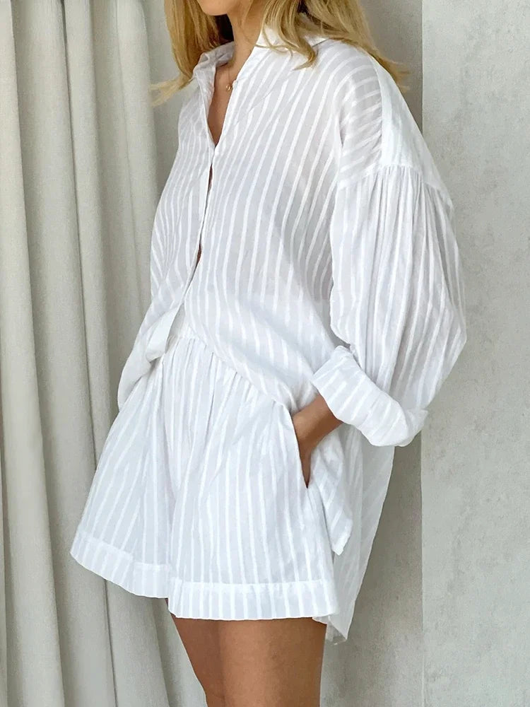 Wolfeel Casual Shorts Sets Striped Jacquard 2 Pieces Cozy Lapel Lantern Sleeve Shirt Outfit Elastic Waist Shorts Suits