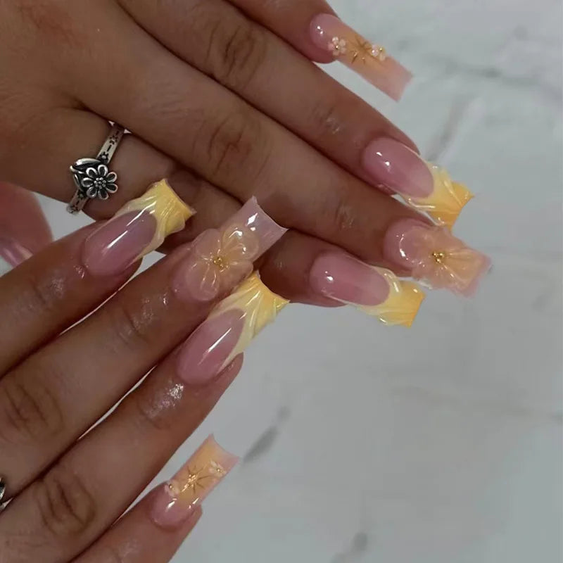 24pcs Fresh Long Coffin Fake Nails Yellow French Style Flower Printed Metal Butterfly Designs Press On Nails False Nail