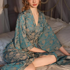 Luxury Jacquard Long Robe Nightgown Half Sleeve Kimono Bathrobe Gown Satin Ice Silk Sleepwear Home Dress Lounge Wear