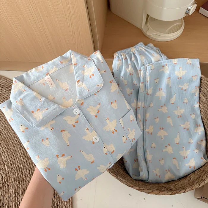Sweet Cute Goose Print Korean Pajamas Nightwear Kawaii Casual Lapel Neck Y2K Pajamas Set Loungewear