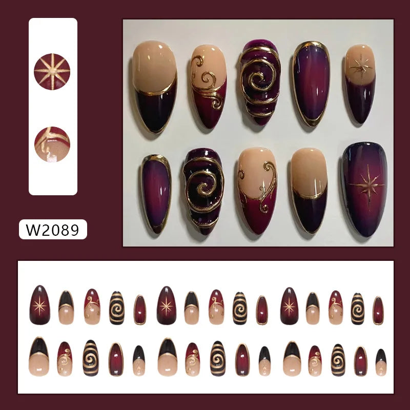 24pcs Golden Lines Patterns False Nails Dark Purple Blush French Fake Nails