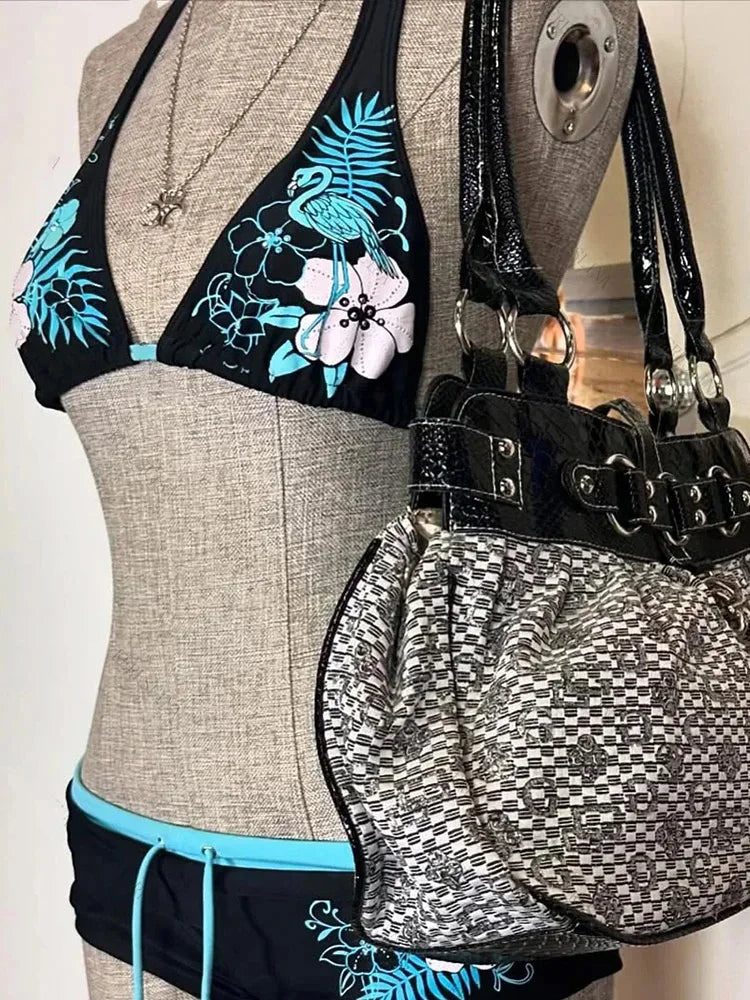 Vintage Flower print Cutie set Bikini 2000s Swimsuit Bathing Halter Strap Swimwear High Street Beach Female