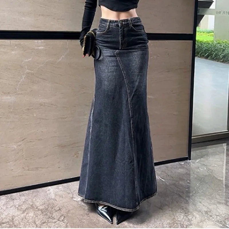 Maxi Skirt Casual Mermaid Streatwear High Waist Zipper Denim Skirts Y2k Streetwear Loose Long Mom Jeans Ankle Lenth