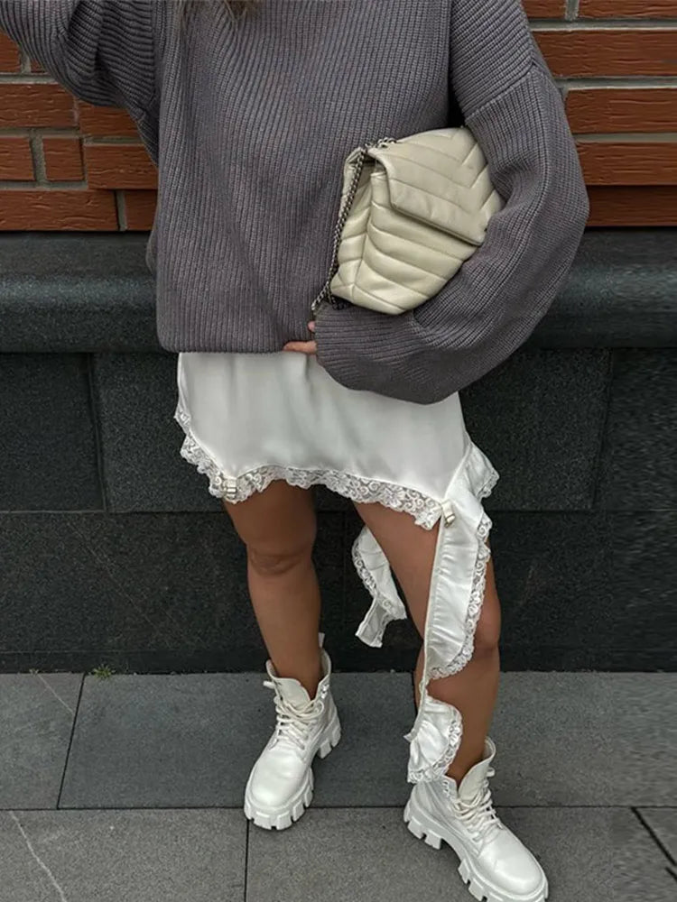 Satin Sleeveless Bodysuit White Lace Hem Skirts Matching Set Chic Bodycon Deep V Open Back Top Outfit