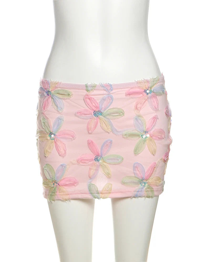 Weird Puss Colorful Flowers Skirts Sequins Patchwork Mesh Trend Sweet Street Party Casual Holiday Chic Mini Bottoms