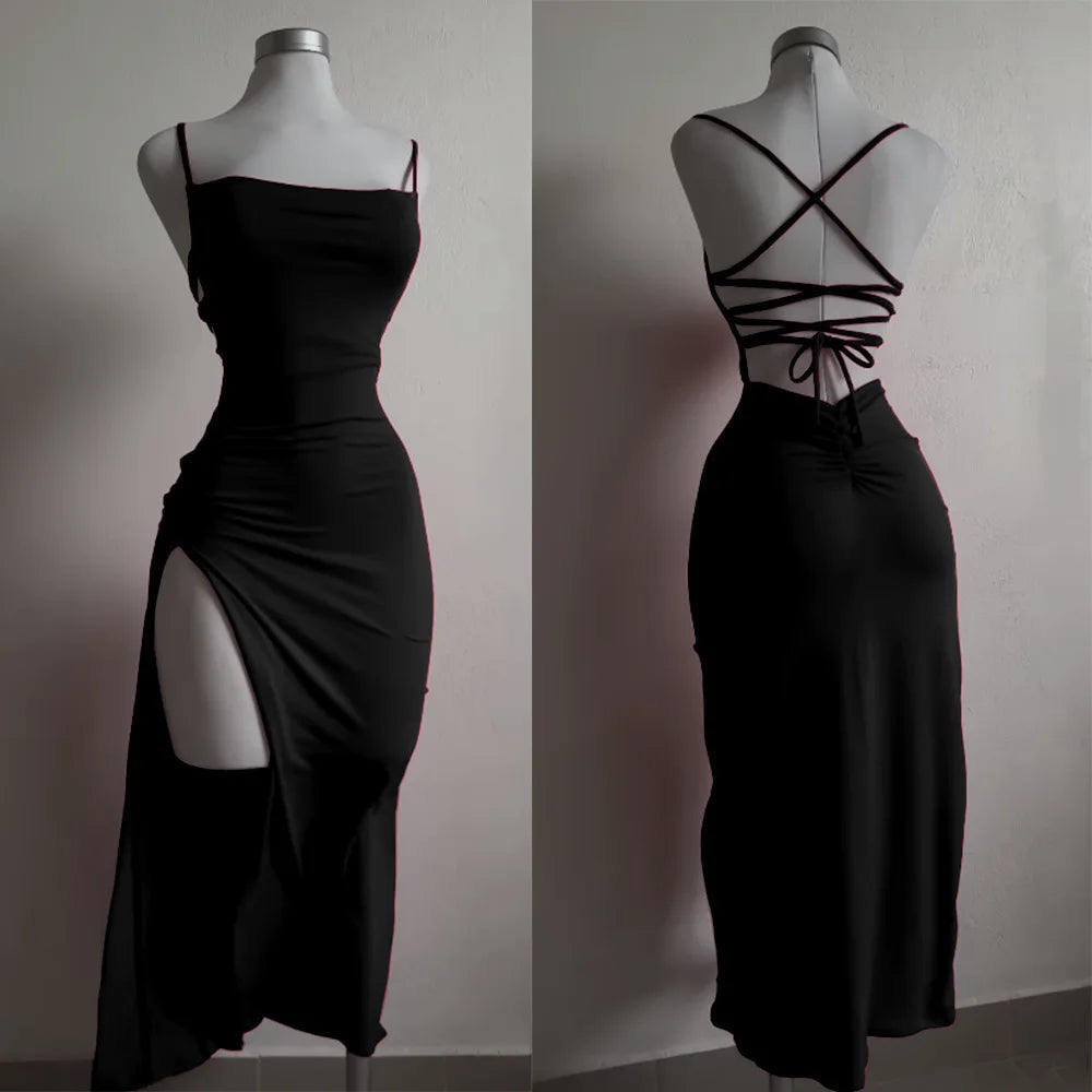 Backless Lace Up Long Dress Split Sleeveless Bodycon Party Club Evening Dresses High Street Suspender Robes