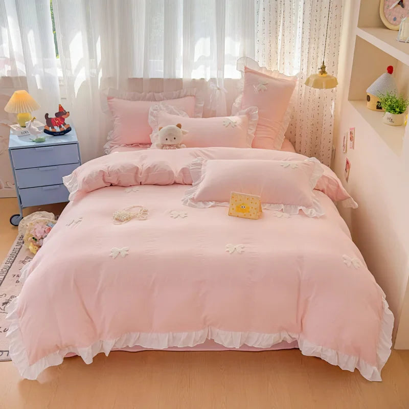 3 Piece Sheet Set pink bowknot embroidery Quilt Set