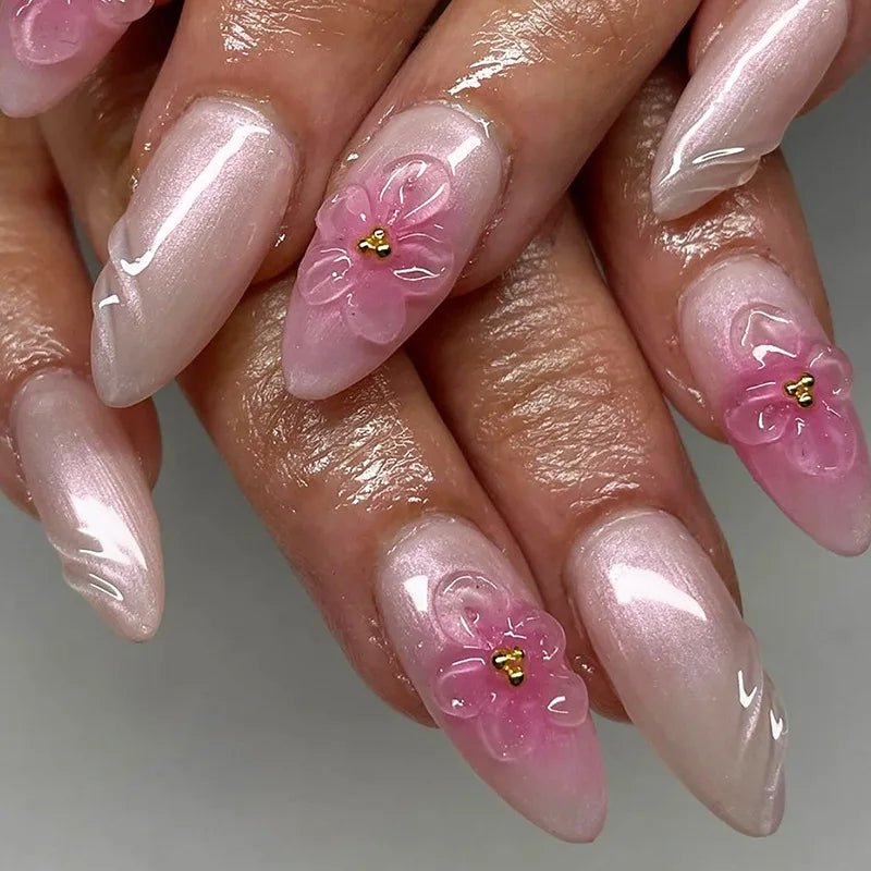 24pcs Pink Almond False Nails Press on Wearable Sweet Flower Nails Tips Pearl Design Mid-length Fake Nail Rhinestone Manicure