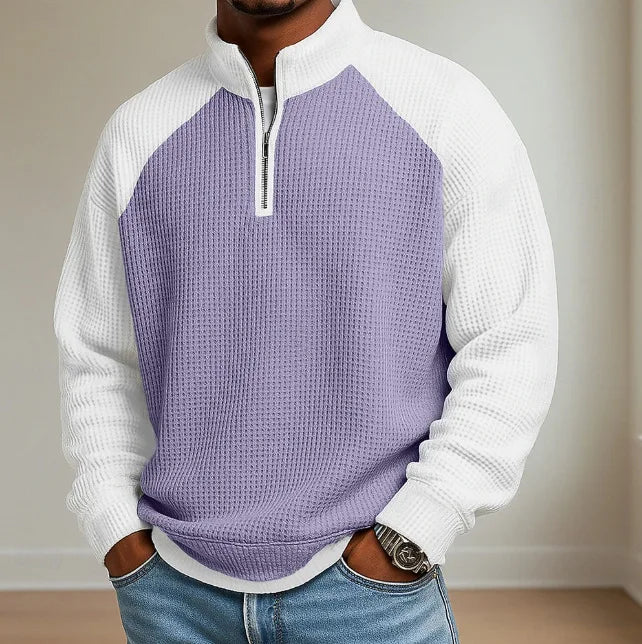 Casuals Sweatshirt Vintage Patchwork Waffle Plaid Textured Pullovers Stand Collar Zipper Jumper