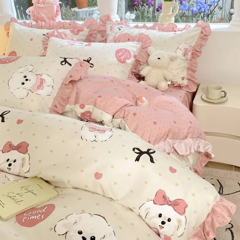 Cartoon Washed Cotton Bed Sheet Four-piece Set Non-cotton Thickened Brushed Quilt Cover Bed Skirt Style Princess Style Bedroom