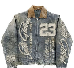 American Retro Jacket Y2K Clothes Hip Hop Letter Stitching Embroidery Washed Oversized Jackets Casual Coats Streetwear