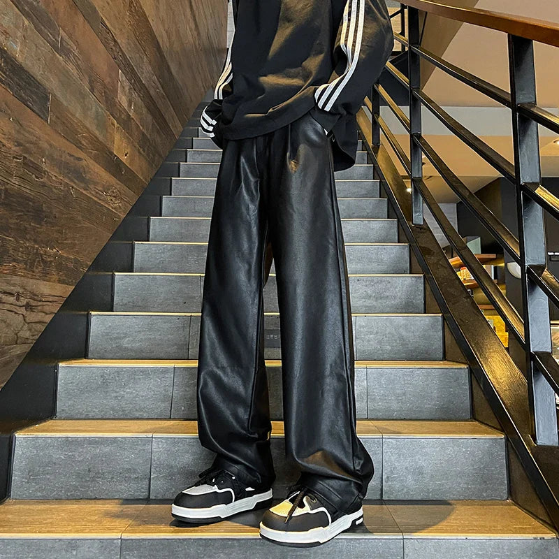 PU Leather Motorcycle Pants Coffee/Black Wide-leg Mopping Trousers All-match Windproof Plus Size 8XL-M