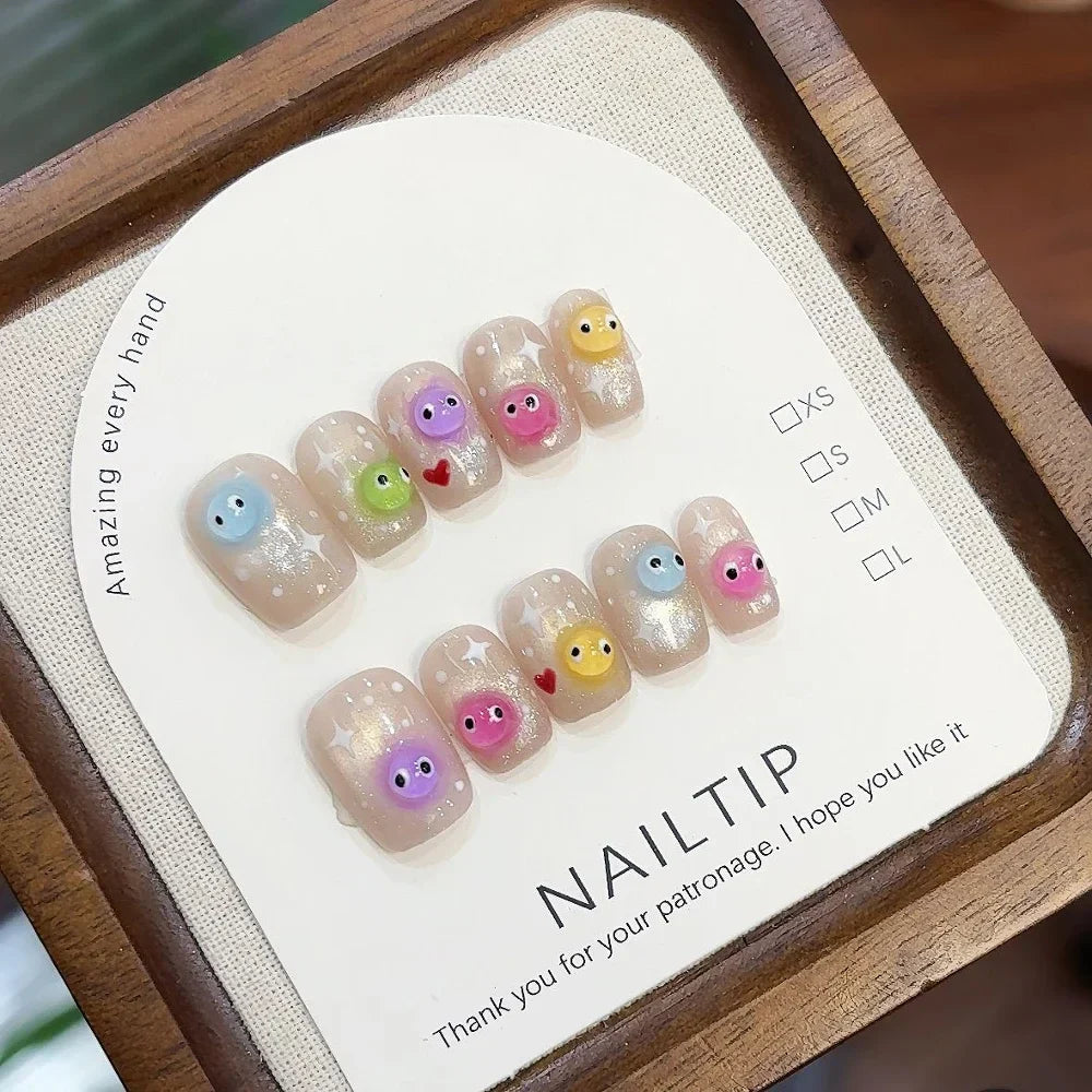 10Pcs Handmade Nude Color Press On Nails Sparkling Cat-Eye Cherry Star Marine Elements Sequins Cute Girlish Nail Suitable