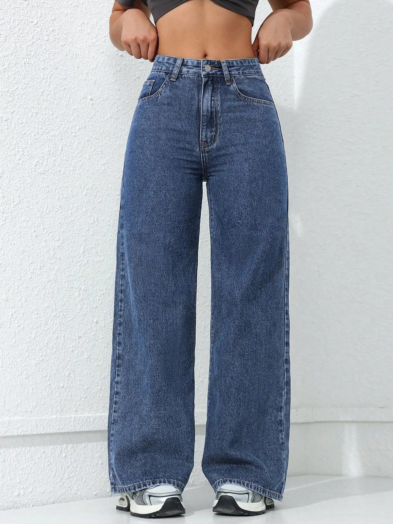 Retro Loose Wide Leg Jeans Solid Straight Wash High Elastic Waist Denim Pants Casual Streetwear Pocket Trousers