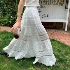 Embroidery Eyelet Cut-out Maxi Skirt White Cotton Semi Sheer Flowy Long Skirt Boho Vacation Fairycore Outfit