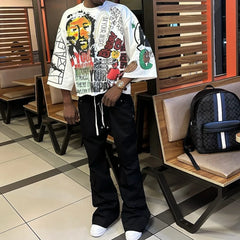 Y2k American Retro T Shirt Hip hop Rock Pattern Printed T Shirt Gothic Oversized Round Neck Cotton Short Sleeved Tops