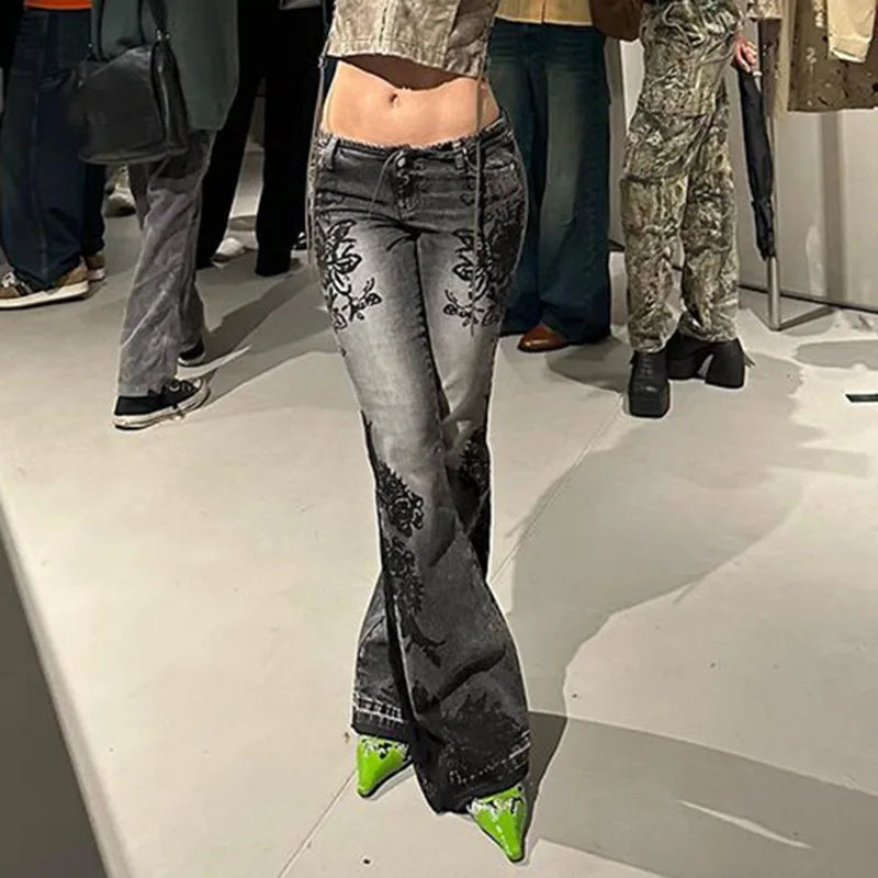 Jeans American Retro Street Style Plant Print Washed Vintage Low-Rise Flare Pants Trendy Versatile