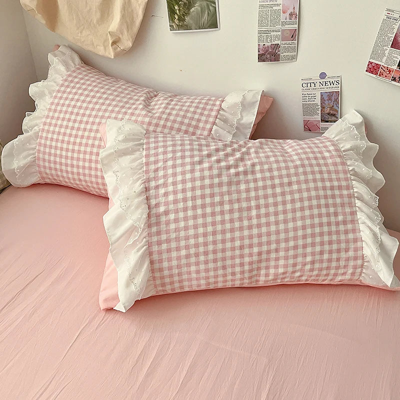 3 Piece Sheet Set pink plaid duvet cover Set