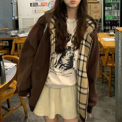 Brown Zip Up Hoodie Lattice stitching Long Sleeve Casual Oversized Sweatshirt Solid Jacket Clothing