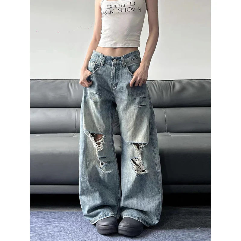 High Waist Ripped Blue Jeans American Vintage Streetwear Y2K Wide Leg Jean 2000s Trouser Baggy Denim Pants