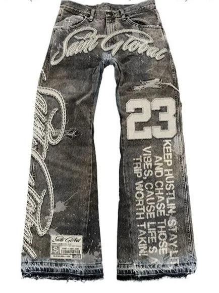 Streetwear Vintage Washed Jeans Y2K Clothing Hip Hop Alphabet Patch Embroidered Baggy Jeans Mid Rise Wide Leg Trousers