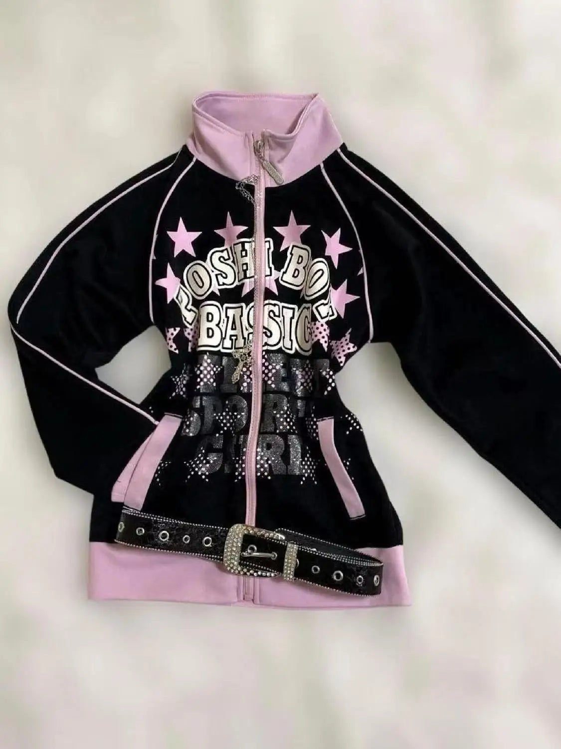 Retro Y2K American Spice Girl Coat Leopard Print Powder Black Contrast Stitching Skull Letter printed Hooded Sweater