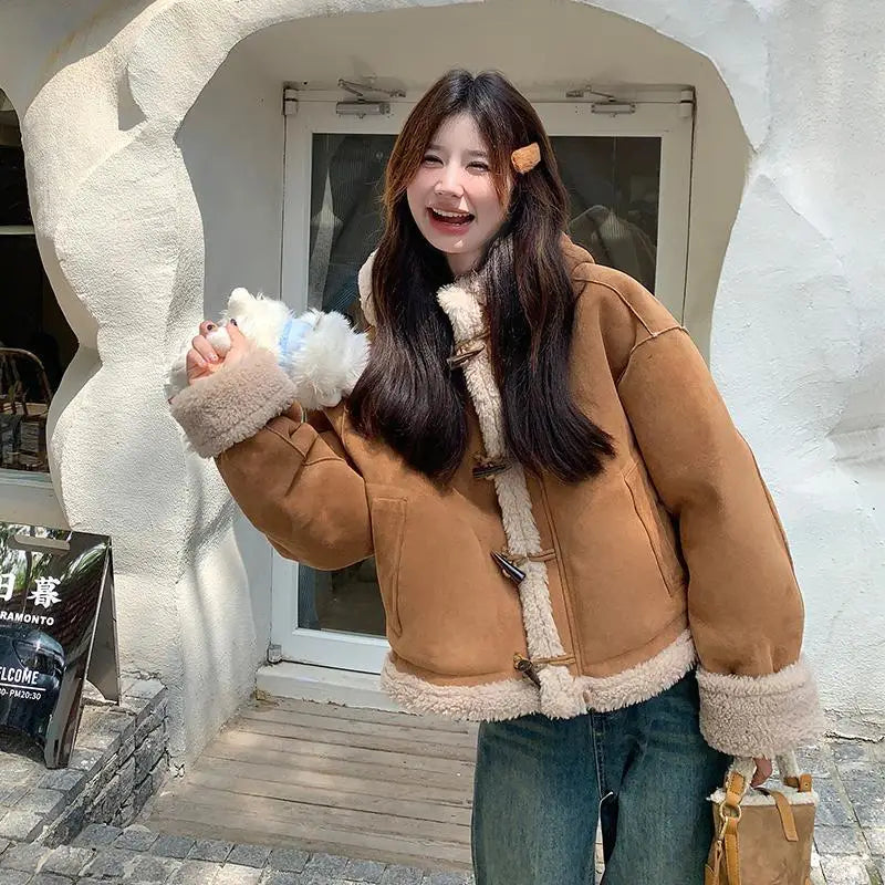 Horn Button Hooded Lamb Fur Coat Clothing Coats Loose Thick Suede Brown Short Jacket
