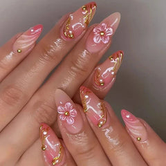 Pink Yellow Halo Dyeing Flower Water Ripple False Nails Leopard Long Pointed Fake Nails Art Press on Nails Charm Manicure