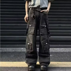 Y2K High Street Jeanss Multi-Pocket Hiphop Cargo Pants Vintage Straight Wide-Leg Denim Trousers Streetwear