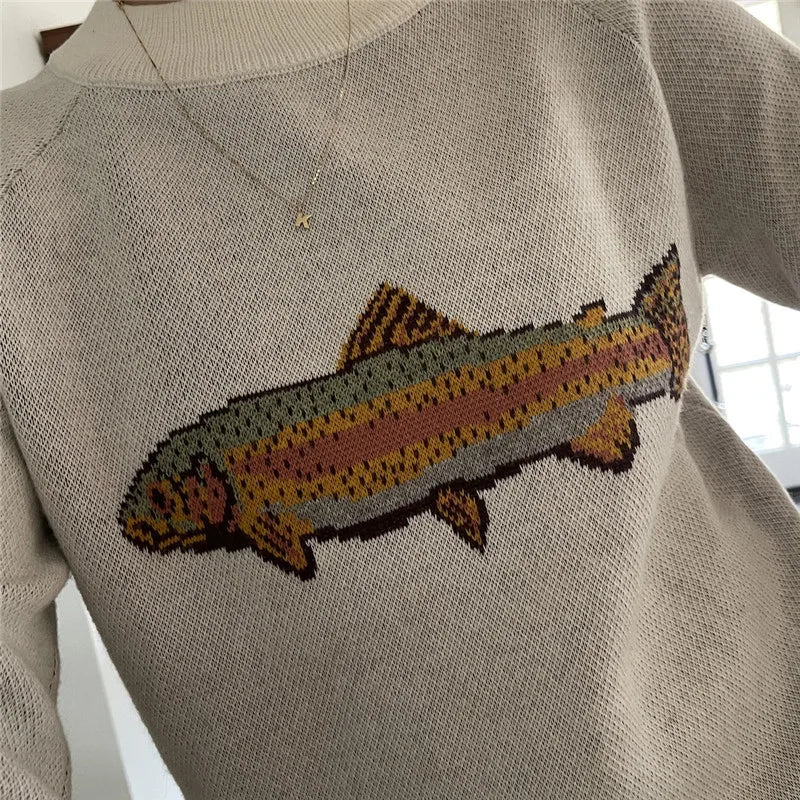 Y2K Contrast Fish Sweater Long Sleeve Crew Neck Ribbed Knit Pullover Sweaters Casual Knitwear Tops